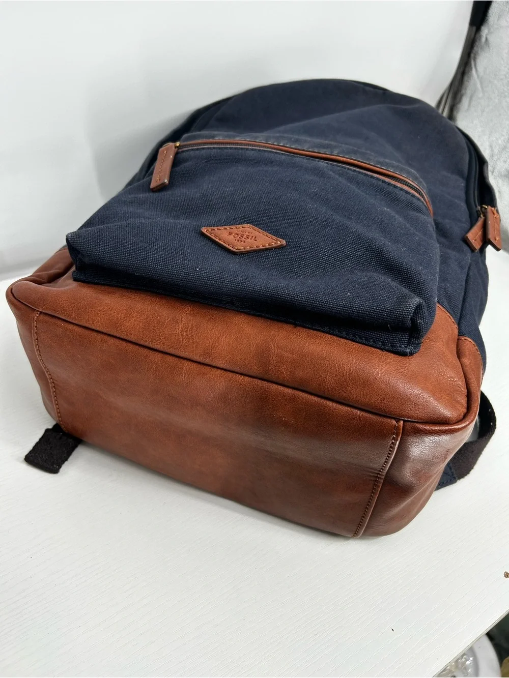Fossil Backpack Canvas Leather 2 Tone Navy/Brown Pockets School Bag Casual